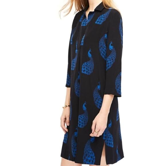 Ann Taylor  Peacock Print Shift  Dress 3/4 Sleeve Women's Medium Blue Black - Picture 2 of 6